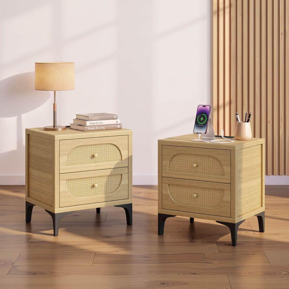 Ember Natural 23.5 in. Boho Nightstand with Charging Station, 2 Drawers, USB and Type-C, Set of 2