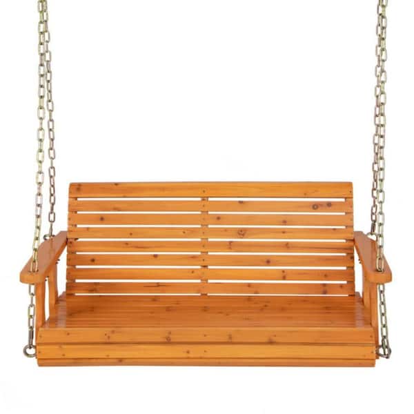 2-Person Orange Wood Hanging Porch Swing Chair Hanging Chains for Garden Yard