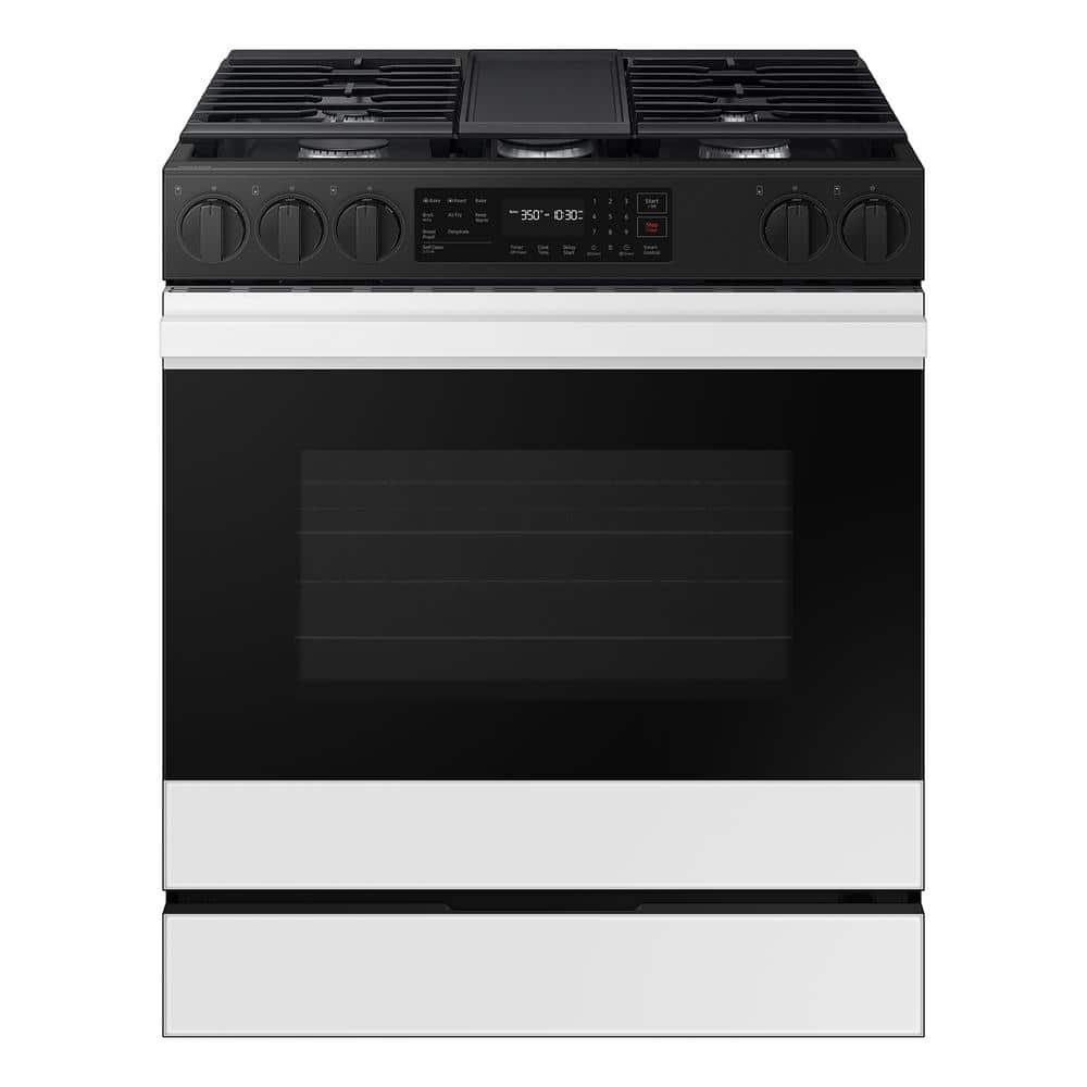 Samsung Bespoke 30 in. 6.0 cu. ft. 5 Burner Smart Slide-In Gas Range with Air Fry & Safety Knobs in White Glass