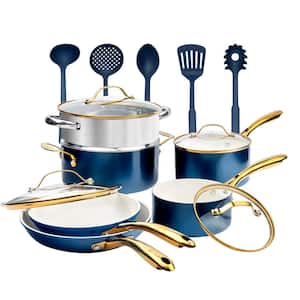 Natural Collection 15-Piece Aluminum Ultra Performance Ceramic Nonstick Cookware Set in Navy with Gold Handles