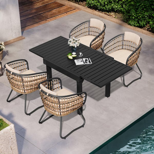 Pellebant 5-Piece Aluminum Outdoor Dining Set, Expandable Rectangle 63 in. Table and Steel Rattan Chairs with Beige Cushion