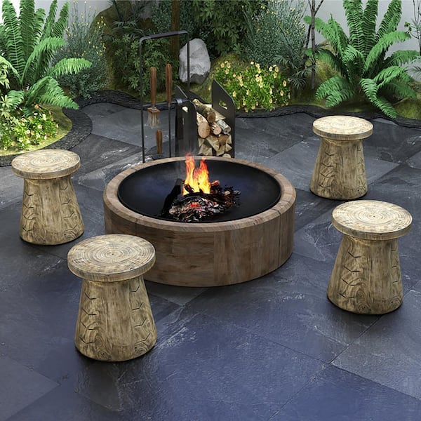 Boyel Living Brown 14.5 in. W 2-in-1-Rock Round Stone Top End Table with Wood Grain for Living Room