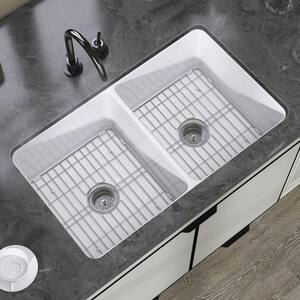 32 in. Large Drop-In/Undermount Kitchen Sink Rectangular White Double Bowl Fireclay Sink For Kitchen With Accessories
