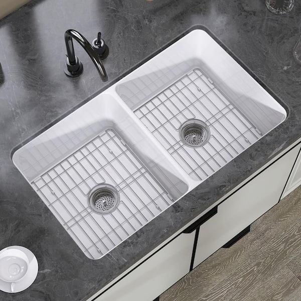 Zeafive 32 in. Large Drop-In/Undermount Kitchen Sink Rectangular White Double Bowl Fireclay Sink For Kitchen With Accessories