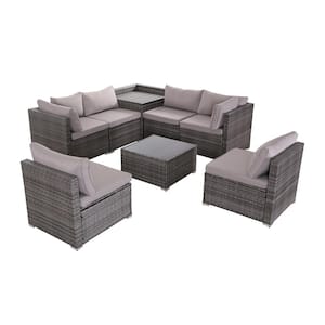 8-Piece Gray Wicker Patio Conversation Set with Gray Cushions, Corner Storage Box