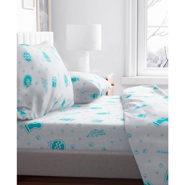 MOD LIFESTYLES Christmas Sky Blue Cotton Flannel Sheet Set Queen