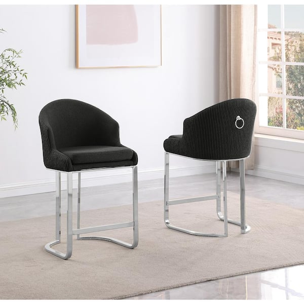 Raul 24 in. Black Low Back Metal Frame Chrome Iron Legs Counter Stool with Teddy Fabric Set of 2