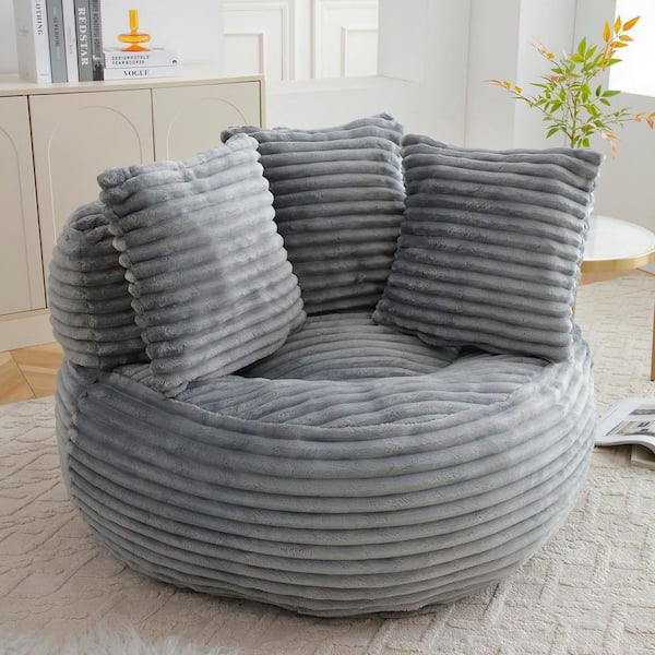 Gray Corduroy Bean Bag Chair with Pillows and Backrest, Filled Foam Lounge Chair for Living Room, Apartment