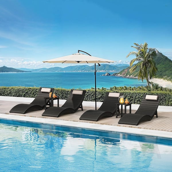 Black Folding 4-Piece HDPS Plastic Outdoor Chaise Lounge with Cushions Headrest for Pool Loungers Up to 11 in. Deep