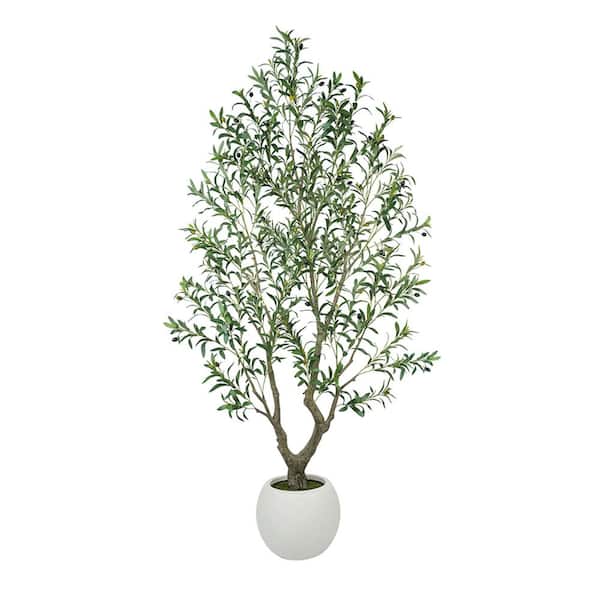 7 ft. Artificial Olive Tree w/ White Planter Full Large Faux Olive Silk Tree Artificial Plants for Indoor Outdoor Decor