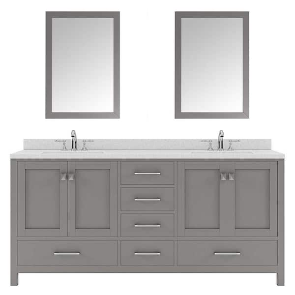 Virtu USA Caroline Avenue 72 in. W Bath Vanity in Gray with Quartz Vanity Top in White with White Basin and Mirror