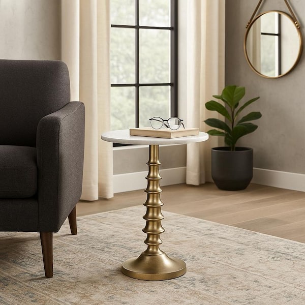 Liv & Skye 16 in White Round Marble Layered Lilypad Accent Table