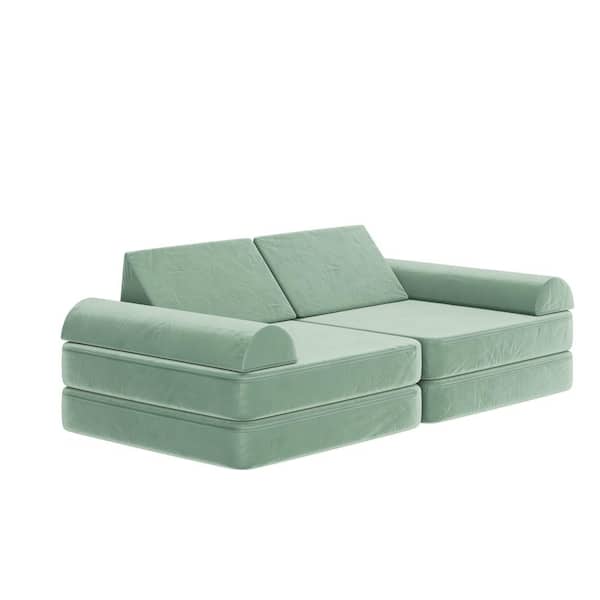 Marlowe Sage Folding Upholstered 56 in. Modular Kids Play Couch with 6-Soft Foam Sectional Sofa Pieces