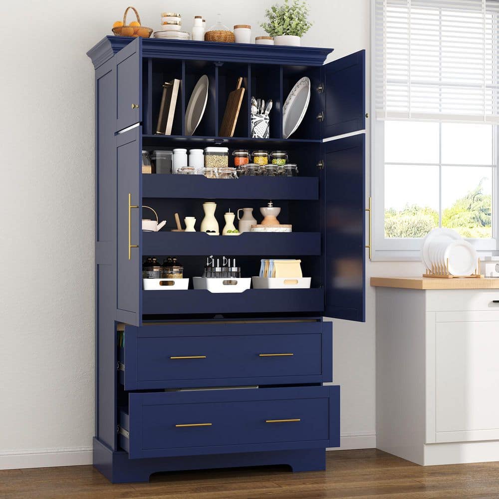 40 in. W x 18 in. D x 72.6 in. H Blue Linen Cabinet Kitchen Pantry with 4-Doors, Pull-Out Trays, Drawers