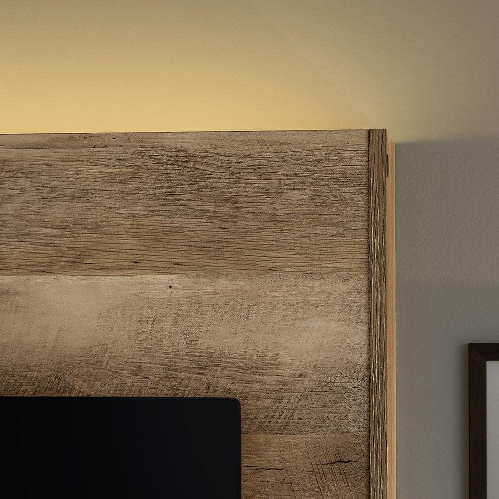 Lintel Oak 84" Entertainment Wall with Floating Shelf and LED Lights