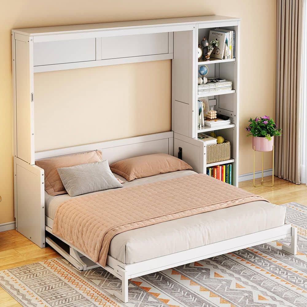 Zovaro Modern White Wood Frame Queen Size Murphy Bed Folding Wall Bed with Desk and Bookshelf