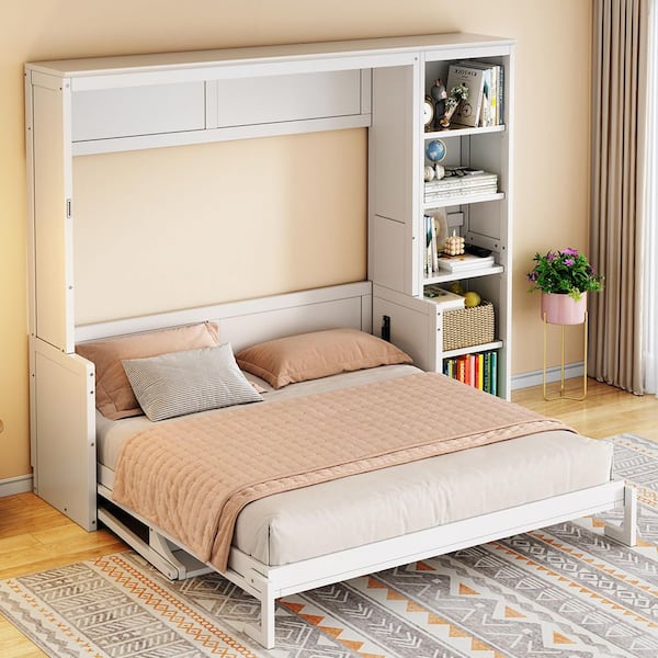 Zovaro Modern White Wood Frame Queen Size Murphy Bed Folding Wall Bed with Desk and Bookshelf
