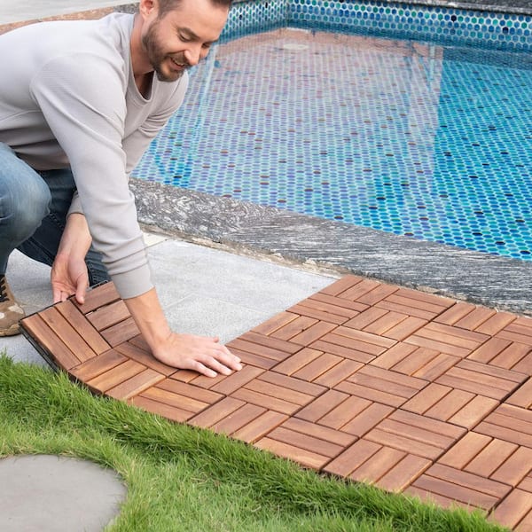 12 in. x 12 in. Checker Pattern Acacia Wood Interlocking Flooring Deck Tiles Square Outdoor Patio Brown Pack of 30 Tiles