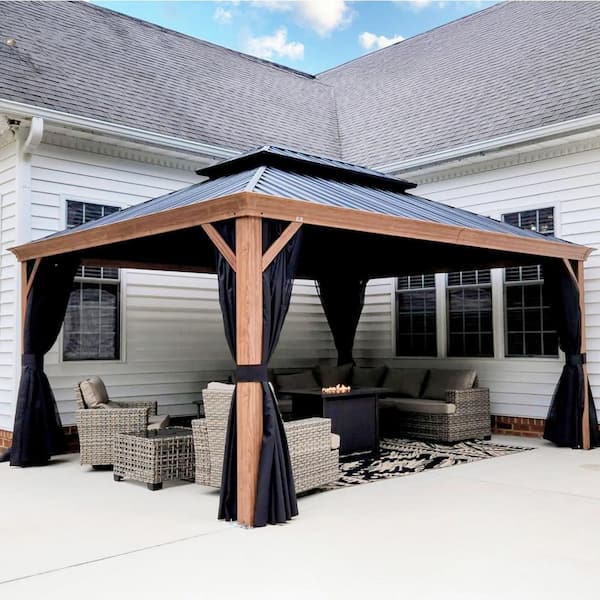 12 ft. x 16 ft.Wood Grain Aluminum Power-Coated Frame Galvanized Steel Double Roof Hardtop Gazebo,Hooks,Upgrade Netting