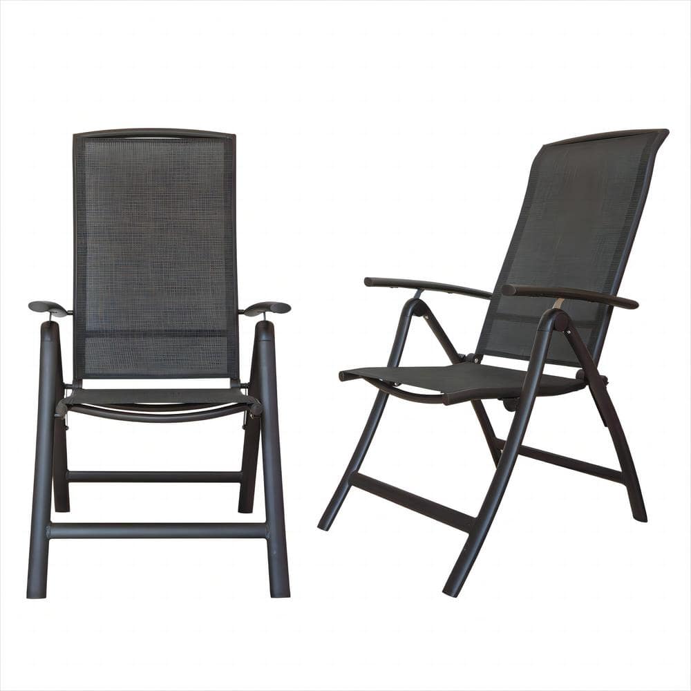 Dark Gray Metal Frame Outdoor Dining Chair Set of 2 with Adjustable High Ba