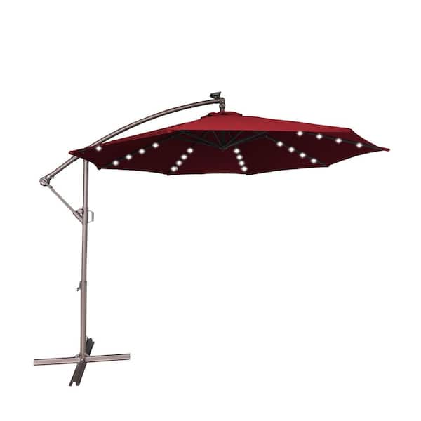 10ft solar patio offset umbrella burgundy Mondawe 10 ft. Steel Pole Solar LED Offset Hanging Patio Umbrella 2-Way Stop Slip Crank Outdoor Cantilever Umbrella in Burgundy