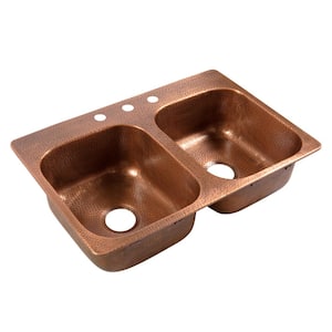 Angelico 33 in. 3-Hole Drop-In Double Bowl 17 Gauge Antique Copper Kitchen Sink