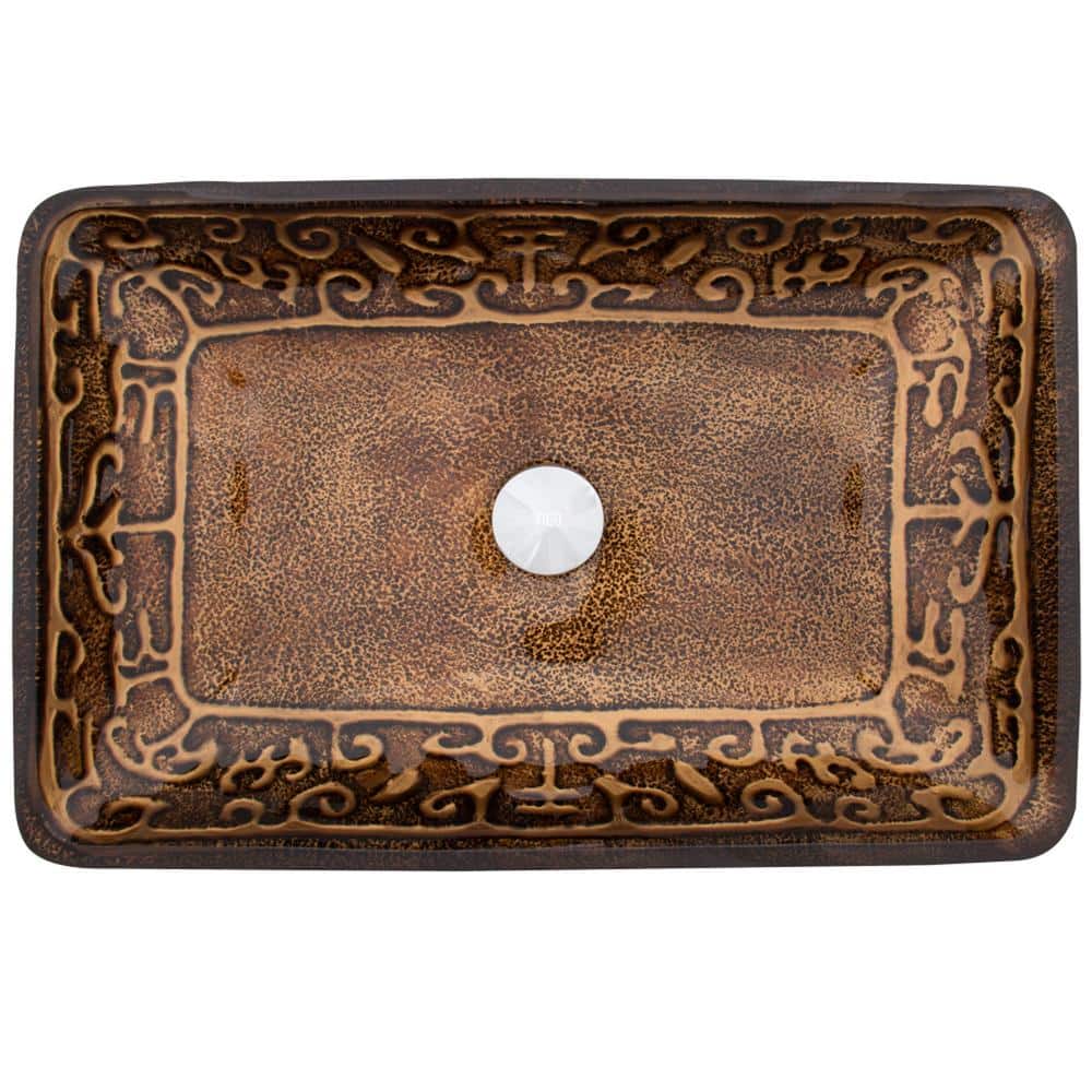 Golden Greek Rectangular Glass Vessel Sink in Gold and Brown