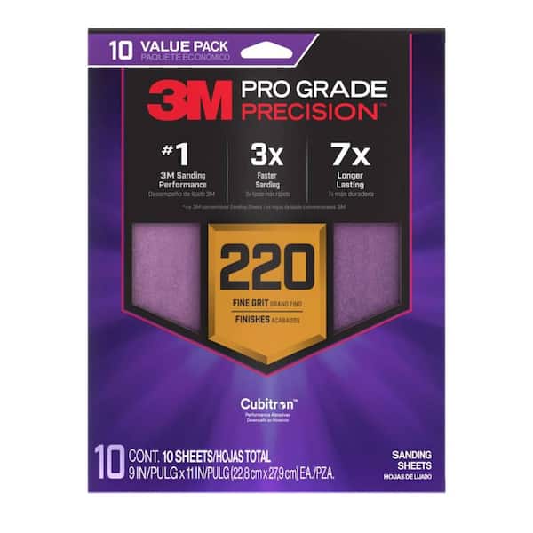Pro Grade Precision 9 in. x 11 in. 220 Grit Faster Sanding Sheets with No-Slip Grip Backing (10-Pack)