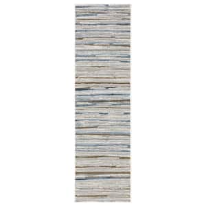 Emory Beige/Blue 2 ft. x 8 ft. Abstract Stripe Distressed Polypropylene Polyester Blend Indoor Runner Area Rug