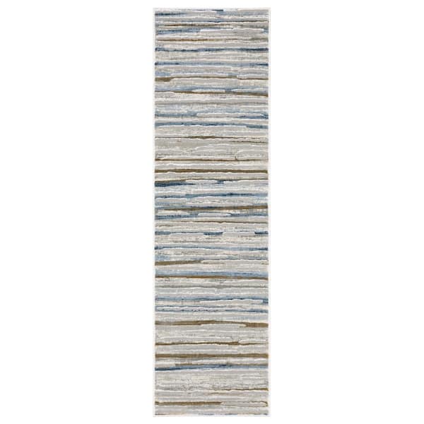 AVERLEY HOME Emory Beige/Blue 2 ft. x 8 ft. Abstract Stripe Distressed Polypropylene Polyester Blend Indoor Runner Area Rug