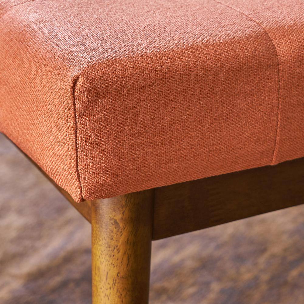 Mid-Century Coral Tufted Fabric Ottoman with Walnut Frame