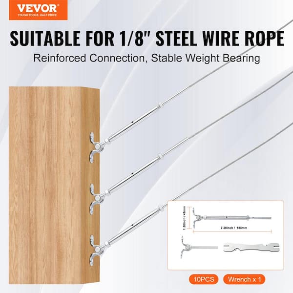 T316 Stainless Steel Adjustable Angle 1/8 in. Cable Railing Kit Hardware for Wood Post Easy Installation Silver 10 Pack