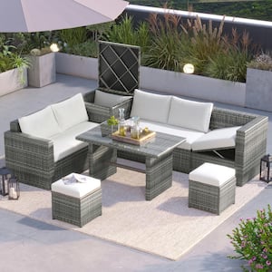 Gray 6-Piece Wicker Outdoor Sectional Set with Adjustable Seat, Storage Box and Beige Cushions