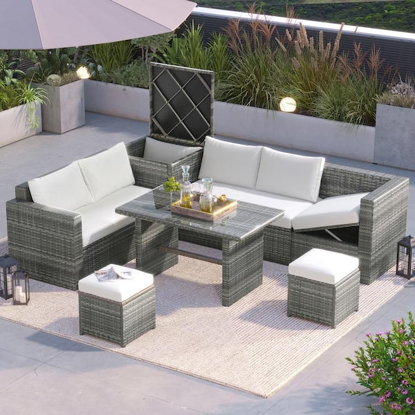 Harper & Bright Designs Gray 6-Piece Wicker Outdoor Sectional Set with Adjustable Seat, Storage Box and Beige Cushions