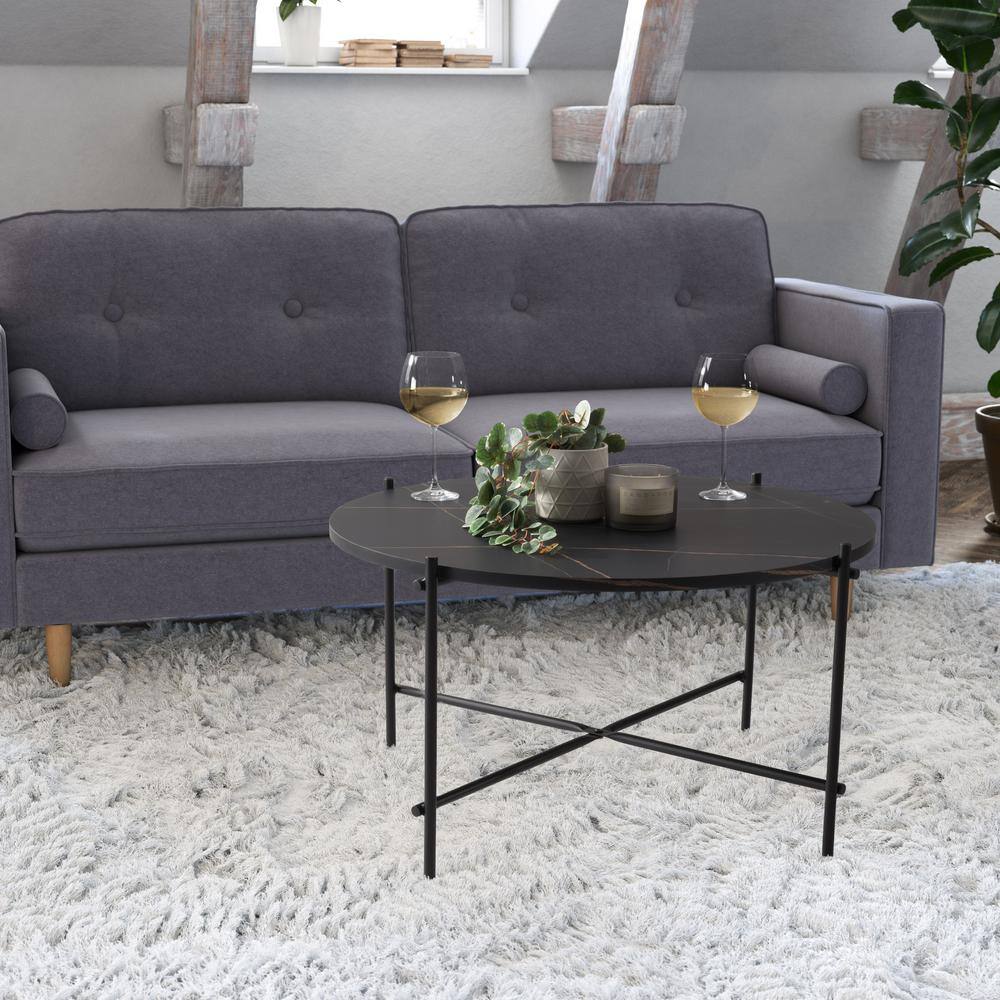 Modern Sleek Black Marbled Round Coffee Table with Metal Frame