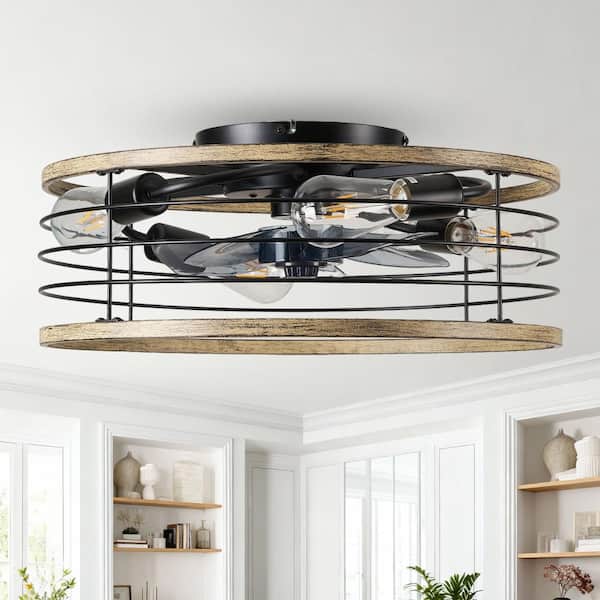 20 in. Black Indoor Standard Flush Mount Rustic Ceiling Fan with Light and Remote Low Profile Farmhouse Ceiling Light