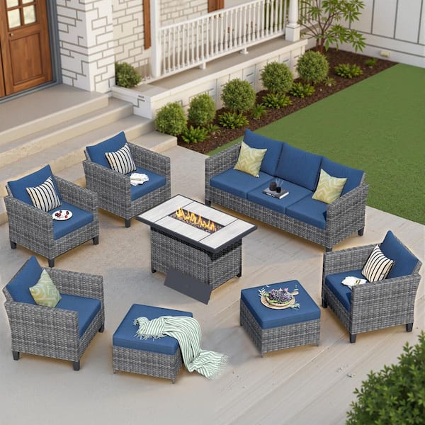OVIOS New Star Gray 8-Piece Wicker Patio Rectangle Fire Pit Conversation Seating Set with Blue Cushions