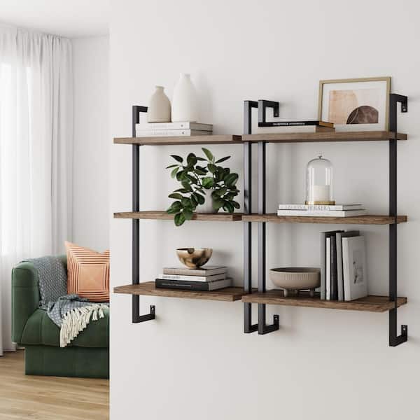 Theo 39 in. Rustic Oak Wood Black Pipe 3- -Shelf Floating Shelves Wall Mount Accent Bookcase with Metal Frame