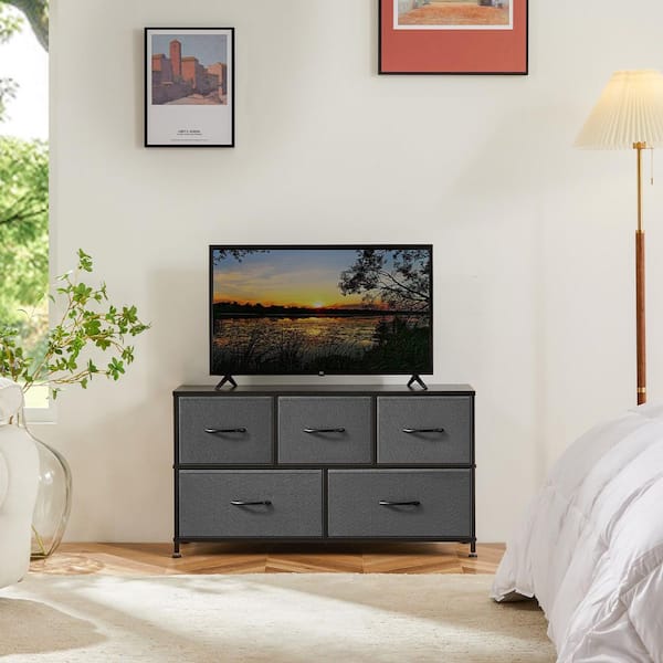 White 5 Drawer 39.4 in. W Fabric Storage Tower Dresser Wooden Top Without Mirror for Kid Room, Closet, Entryway, Nursery