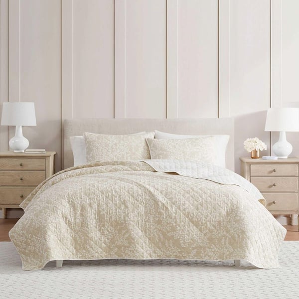 Layered Branches 3-Piece Beige/White Cotton Percale Full/Queen Quilt Set