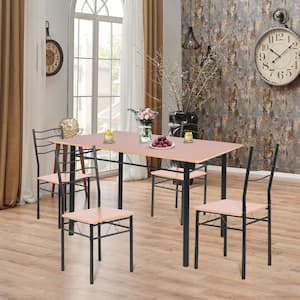 Dining 5-Piece Rectangle Wood Top Brown Bar Table Set 4-Chairs Metal Frame Kitchen Furniture Set