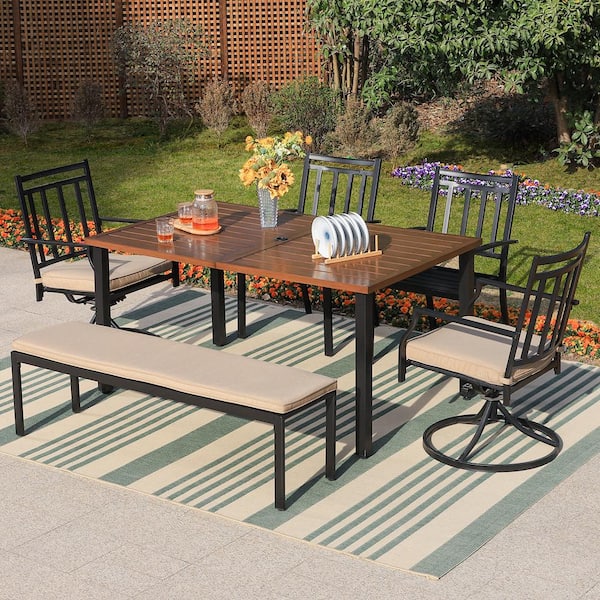 PHI VILLA 6-Piece Outdoor Dining Set with Brown Slat Table and Bench with Beige Cushion
