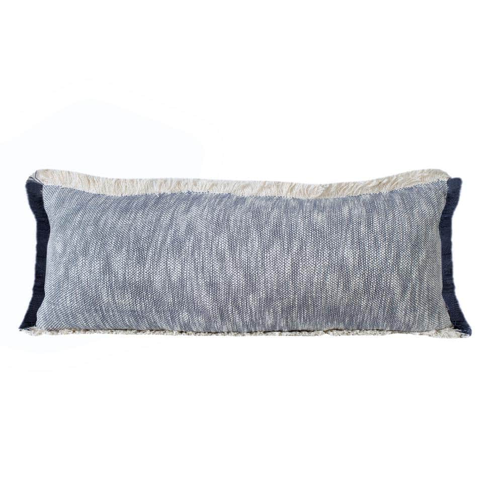 Unique Navy Blue White 14 in. x 36 in. Neutral 2-Tone Fringe Cotton Lumbar 