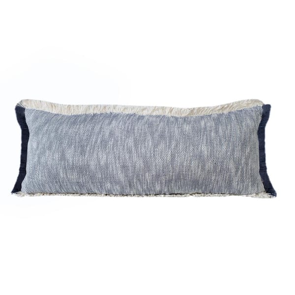 Unbranded Unique Navy Blue White 14 in. x 36 in. Neutral 2-Tone Fringe Cotton Lumbar Indoor Throw Pillow