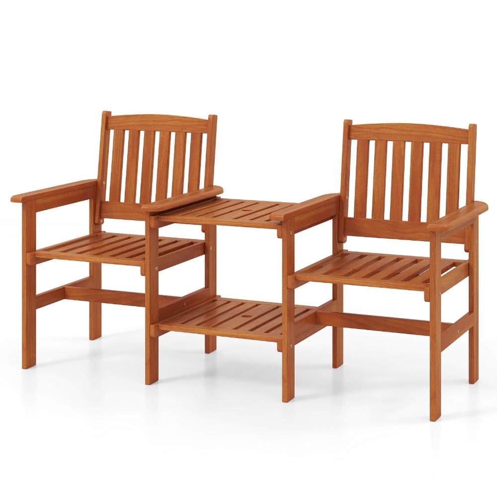 63 in. Wood 2-Seat Patio Bench Set with Center Table and 1.57 in. Umbrella Hole, Natural price history on PriceWatchPro