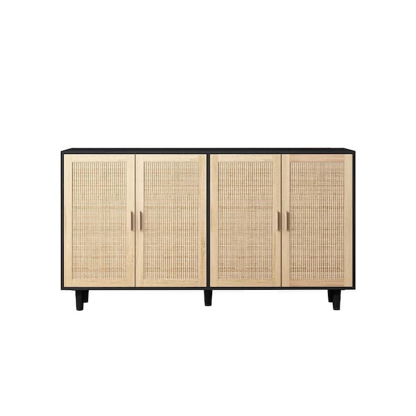 62.2 in. W x 15.75 in. D x 34.65 in. H Black Linen Cabinet with 4-Door Rattan Decorative Cabinet for Living Room, Office