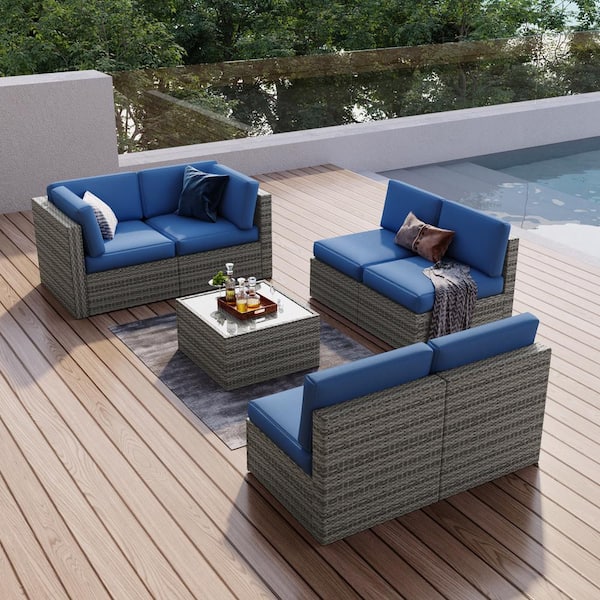 Uixe Brown 7-Piece Wicker Outdoor Patio Conversation Seating Set with Blue Cushions