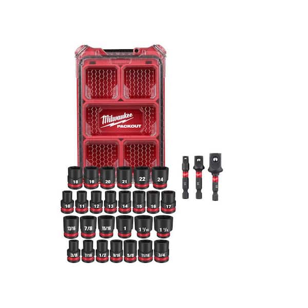 SHOCKWAVE Impact-Duty 1/2 in. Drive Metric & SAE Standard PACKOUT Socket Set (27-PC) & 1/4 in Hex Socket Adapter (3-PC)