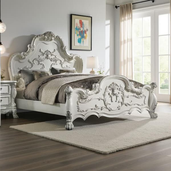 Ally Bone White and Silver Composite Wood Frame King Platform Bed with Upholstered Headboard