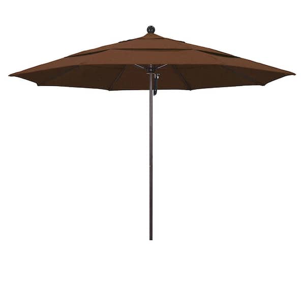 California Umbrella 11 ft. Bronze Aluminum Commercial Market Patio Umbrella with Fiberglass Ribs and Pulley Lift in Teak Olefin